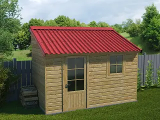 Abri de jardin en bois à toit monopente couvert de plaques bitumées rouges