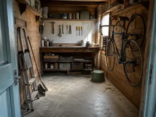 Intérieur d'un abri de jardin 10 m² avec établi, panneau perforé d'outils, escabeau et balai au premier plan, étagères avec boîtes et pots