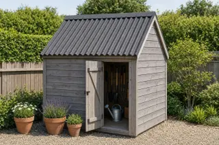 Abri de jardin 5 m² en bois avec toiture en plaques bitumées ondulées ONDULINE anthracite, porte ouverte révélant des outils de jardin, pots en terre cuite sur gravier