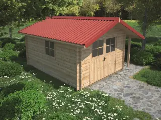Abri de jardin type chalet en bois avec toiture en plaques bitumées ondulées ONDULINE EASYFIX rouge et avancée couverte, dans un jardin arboré