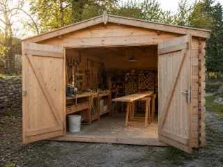 Grand abri 15 m² type chalet avec double porte ouverte révélant atelier intérieur, établi long en bois, tréteaux et bois de chauffage empilé au fond