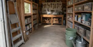 Intérieur d'un abri de jardin 10 m² optimisé avec établi, panneau perforé d'outils, escabeau et balai au premier plan, étagères avec boîtes et pots