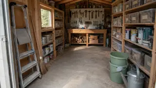 Intérieur d'un abri de jardin 10 m² optimisé avec établi, panneau perforé d'outils, escabeau et balai au premier plan, étagères avec boîtes et pots