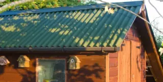 Petit abri de jardin en bois d'aspect rustique avec toiture en plaques bitumées ondulées ONDULINE® vert, entouré de végétation