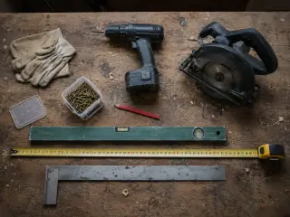 Outils de construction d'abri sur établi en bois patiné : perceuse-visseuse noire, niveau à bulle vert, équerre métallique grise, mètre ruban jaune droit, scie circulaire, gants pliés et boîte de vis dorées