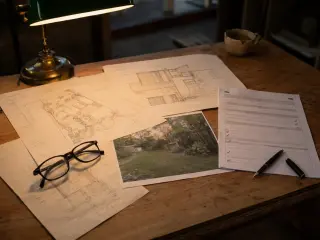 Bureau en bois avec plans d'architecte dépliés montrant plan de masse au crayon et plan de façades, photographie d'un jardin imprimée en couleur, formulaire administratif et lunettes de lecture, lampe d'architecte à abat-jour vert allumée