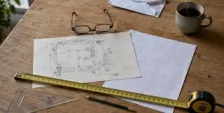 Dossier d'urbanisme en préparation sur table de cuisine avec plan de masse manuscrit, mètre ruban, équerre, lunettes et tasse de café