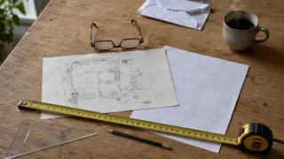 Dossier d'urbanisme en préparation sur table de cuisine avec plan de masse manuscrit, mètre ruban, équerre, lunettes et tasse de café