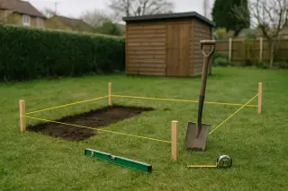 Jardin résidentiel avec un abri de petite taille déjà installé au fond et un emplacement marqué au sol par piquets en bois et cordeau jaune pour un futur abri plus grand, pelle plantée et niveau à bulle vert au sol