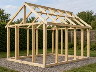 Ossature bois d'un abri de jardin en construction : montants verticaux, lisses et chevrons de toiture assemblés, avant pose de la couverture