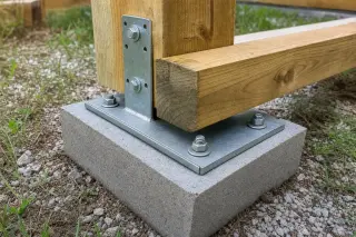 Ancrage d'une ossature bois d'abri de jardin : platines métalliques et équerres fixées sur des plots béton, avec sablière basse surélevée du sol