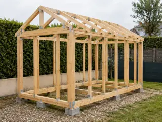 Ossature bois d'un abri de jardin en cours de montage : poteaux, sablières et chevrons assemblés par équerres galvanisées sur des plots béton dans un jardin français