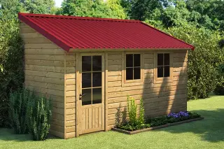 Abri de jardin en bois à toit monopente couvert de plaques bitumées ONDULINE EASYFIX rouges, pente inclinée vers l'arrière, faîtière et rives assorties, dans un jardin français