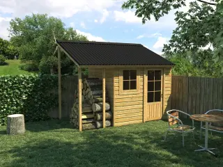 Abri de jardin à toiture monopente couverte en plaques bitumées ONDULINE EASYLINE® Noir, prolongé par un abri à bois ouvert sous le même versant
