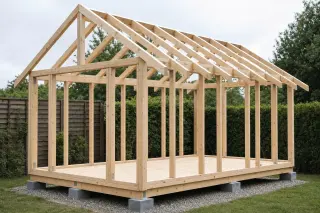 Ossature bois d'une cabane de jardin en construction : plancher sur plots, murs à montants verticaux et chevrons de toit assemblés avant pose du bardage et de la couverture