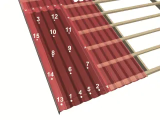 Schéma de pose ONDULINE EASYFIX® : ordre et emplacement des fixations en sommet d'onde (numérotées) sur une plaque bitumée ondulée rouge posée sur liteaux