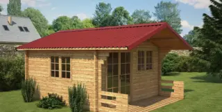 Cabanon en bois massif avec bardage vertical, porte pleine et toiture en plaques bitumées ONDULINE EASYFIX rouge, posé sur une dalle béton dans un jardin français