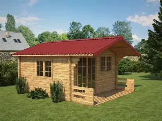 Cabanon en bois massif avec bardage vertical, porte pleine et toiture en plaques bitumées ONDULINE EASYFIX rouge, posé sur une dalle béton dans un jardin français