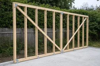 Ossature bois d'un cabanon avec montants réguliers, écharpes de contreventement en diagonale et platines métalliques galvanisées fixées à la dalle béton