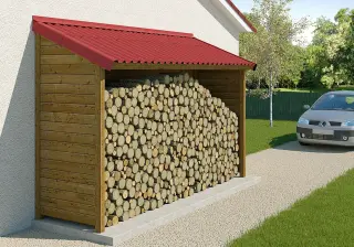 Abri à bois adossé au mur d'une maison, toiture monopente couverte en plaques bitumées ONDULINE EASYFIX® COMPACT Rouge, fixations en sommet d'onde