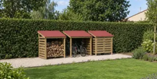 Bûcher, abri à vélos et cache-poubelle en bois côte à côte le long d'une haie, chacun couvert d'un toit monopente en plaques ondulées rouges, vus de loin dans un jardin