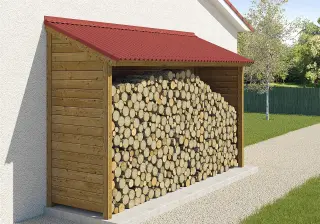 Abri à bois DIY en bois avec parois latérales en claire-voie et toiture monopente en plaques bitumées ondulées ONDULINE EASYLINE rouge, bûches empilées au sec dans un jardin