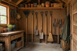 Intérieur d'une petite cabane à outils avec panneau perforé, crochets, outils longs suspendus verticalement et étagère haute sous la charpente
