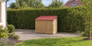 Cache-poubelle en bois à claire-voie couvert d'un toit monopente en plaques ondulées rouges, plus haut à l'arrière, vu de loin sur du gravier devant une haie