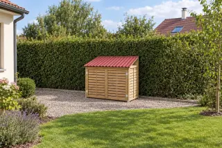 Cache-poubelle en bois à claire-voie couvert d'un toit monopente en plaques ondulées rouges, plus haut à l'arrière, vu de loin sur du gravier devant une haie